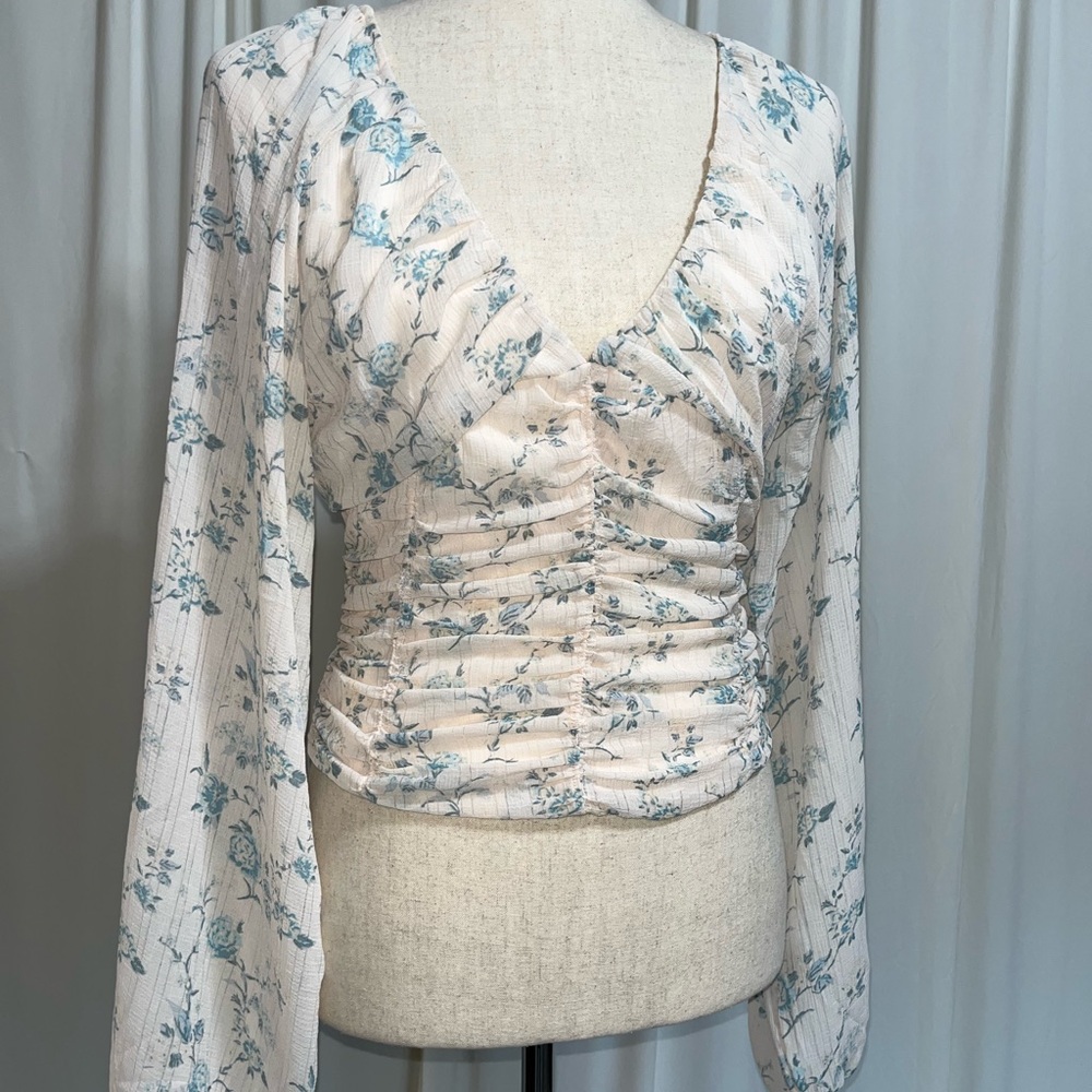 Free People Floral Ruched Cream and Blue Women's Boho‎ Peasant Top Size XS